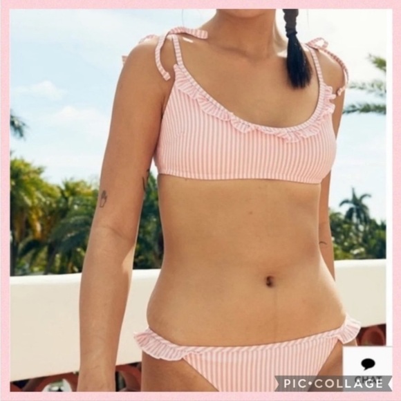 AERIE Pink and White Candy Stripe Seersucker Bikini Top Xl - Picture 1 of 4